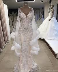 Feather Beaded Mermaid Wedding Dresses Luxury Sparkly Off Shoulder Long Sleeves B Prom Dresses Long With Sleeves Prom Dresses With Sleeves Mermaid Prom Dresses