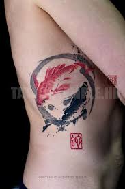 Black And Red Ring Tattoo Circle Brush Two Swimming Koi Fish In Chinese Ink Brush Style And Watercolor Torso Tattoo The Tattoo Temple Appre Tattoos Tattoos For Guys Tattoo Designs