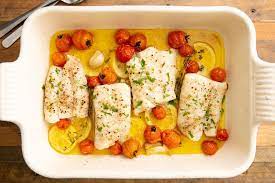 Lemony Baked Cod Roast Tomatoes Seafood Heaven Recipe Cod Fish Recipes Baked Cod Recipes Cod Fish Recipes Baked