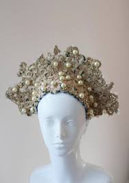 Gold and Pearl Indian Embroidery Kokoshnik Headpiece With Sparkly Crystals  & Beads, Festival, Alternative Bridal, Costume, Burlesque