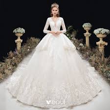 Ein strahlendes weiß steht leider auch nicht. Elegante Ivory Creme Brautkleider Hochzeitskleider 2020 Ballkleid Tiefer V Ausschnitt Perlenstickerei Pailletten Perle Strass Spitze Blumen