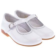 Andanines Patent White Scalloped Edge Mary Jane Shoes