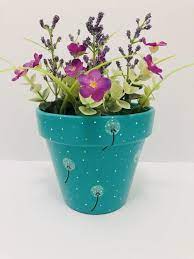 Hand Painted And Decoupaged Terracotta Flower Pot Planters Dandelions Funky Planter 13cm White Decorated Flower Pots Painted Plant Pots White Flower Pot