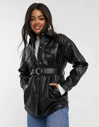 Pull Bear Faux Leather Belted Shirt Jacket In Black Asos In 2020 Shirt Jacket Belted Shirt Faux Leather Belts