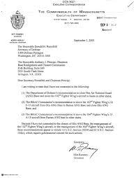 Lisateavet 104th fighter wing kohta leiate veebisaidilt www.104fw.ang.af.mil. Executive Correspondence Letter Dtd 09 01 05 To Chairman Principi And Secretary Rumsfeld From Ma Governor Mitt Romney Unt Digital Library