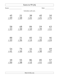 The Large Print Adding 2 Digit Numbers With Sums Up To 99 25 Questions A Math Worksheet F Math Fact Worksheets Addition Worksheets Subtraction Worksheets
