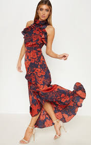 Robe Longue Bleu Marine Volantee Effet Portefeuille Florale Maxi Wrap Dress Size 12 Maxi Dress Maxi Dress