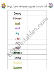 The first line reminds you how many months contain 30 days. English Worksheets How Many Days Are There In The Month