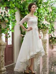 Discount Vintage Style High Low Wedding Dresses Off Shoulder Half Sleeve Flower Belt Lac Wedding Dresses High Low Wedding Dress Long Sleeve Sheer Wedding Dress