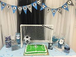 Soccer Theme Baby Shower Cake Candy Table Soccer Baby Showers Baby Boy Shower Baby Shower Candy