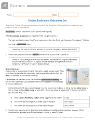 Check spelling or type a new query. Calorimetry Gizmo Lab Name Date Student Exploration Calorimetry Lab Directions Studocu