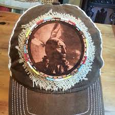 Love Our Chief Leather Patch On A Trucker Hat With Burlap And Seed Bead Trim Leather Patches Beaded Trim Trucker Hat