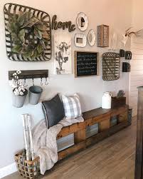Our Modern Farmhouse Hallway Entryway Bench Wall Collage Tobacco Baskets Magnolia Wreath Wall Decor Living Room Living Room Remodel Farm House Living Room