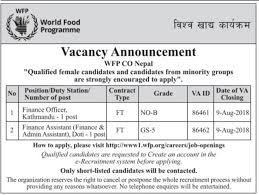 The mission of wfp is to help the world achieve zero hunger in our lifetimes. Jobs Nepal Vacancy Finance Officer Finance Assistant Domestic Jobs