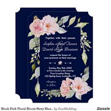 Blush Pink Floral Bloom Navy Blue Wedding Invitation Zazzle Com Blue Wedding Invitations Navy Blue Wedding Invitations Pink Wedding Flowers
