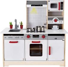 The functional and interactive cooking set includes 1 pot, 2 frying pans, 1 pan, 2 lids, 1 spaghetti ladle, 1 slotted ladle, 1 ladle, 1 strainer ladle, and 1 pot holder to help. Amazon Com Hape Kids All In 1 Wooden Play Kitchen With Accessories E3145 L 38 2 W 14 6 H 38 2 Inch Toys Games