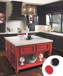 Black Cabinets Effectively Fade Into The Background To Show Off The Red Island At Center Kitchen Cabinet Colors Kitchen Cabinets Decor Kitchen Cabinet Layout