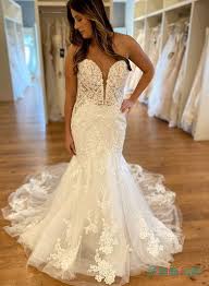 Gold lace applique mermaid wedding dress sleeveless sweep train bridal ball gown. Pin On Mermaid Wedding Dresses Lace Satin Tulle Fishtail Wedding Gowns