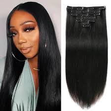 Amazon.com : Clip in Hair Extensions Real Human Hair for Women Straight  Remy Human Hair Extensions Jet Black Color Double Weft 100% Unprocessed  Full Head 7 Pcs with 16 Clips Human Hair (