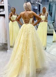 Yellow Tulle Lace Long Prom Dress Party Dress In 2020 Cute Prom Dresses Backless Prom Dresses Tulle Prom Dress