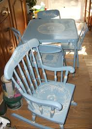 Painted Child S Folding Card Table And Chair Sets And Matching Rocking Chair Paper Doilies Were Used As St Card Table And Chairs Painted Chairs Stenciled Table