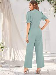 جمبسوت بأكمام منفوخ وبربطة عنق بفتحة امامي شي إن culotte jumpsuit fashion dresses