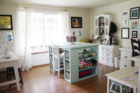 Accent wallpaper sets this crafts desk apart from the rest of the room, while sewing room storage, such as shelves and containers, keeps the clutter under control. Sewing Room Ideas The Seasoned Homemaker