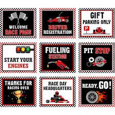 A derby car themed 2nd birthday party. Racing Car Party Decorations 10 11 8 Inch Laminated Racing Signs Racing Themed Party Signs Racing Cutouts With 40 Glue Point Dots 9 Pieces Racing Signs Black Buy Online In Bahamas At Bahamas Desertcart Com Productid 165334126