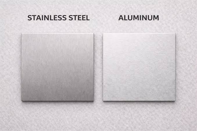 Side-by-side cross-section diagrams comparing aluminum and stainless steel sheet metal panels