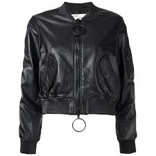 Off White C O Virgil Abloh Woman Leather Bomber Jacket In 2020 Black Leather Bomber Jacket Bomber Jacket Women Womens Cropped Jacket