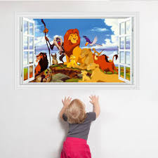 Kids Bedroom Wall Decor 3d Lion King Stickers Removable Baby Wall Decals Adhesive Fake Window Wall Pictures For Children Room