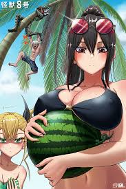 ijwm, ashiro mina, hibino kafka, hibino kafka (kaiju form), ichikawa reno,  shinomiya kikoru, kaijuu no. 8, absurdres, highres, 2boys, 2girls, abs,  angry, bikini, black bikini, blonde hair, blue sky, bow, breast envy,