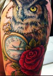 Meaning Of Color Of Roses Owl Tattoo Owl Clock And Rose Tattoo