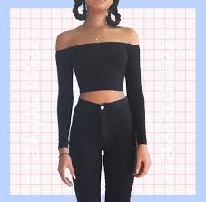 Black Long Sleeved Off The Shoulder Crop Top Black High Waisted Skinny Je Black High Waisted Jeans Outfit Black Long Sleeve Crop Top High Waisted Jeans Outfit