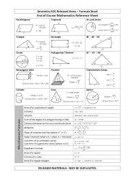Geometry Eoc Released Items Formula Sheet Released Materials May Be Duplicated B A C R H H R H L E Geometry Formulas Math Geometry Math Formulas