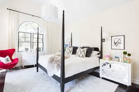 With area for a lamp, alarm clock harper white solid wood 1 drawer bedside table furniture123. Black 4 Poster Bed And White Nightstands With Mirrored Drawers Transitional Bedroom