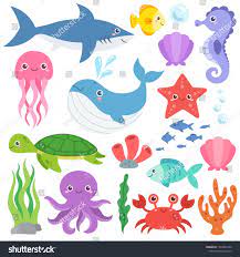 Cute Ocean Animals Vector Set Sea Creatures Cartoon Characters Marine Life Clip Art Collection Whale Shark Jelly Ocean Animals Doodle Drawings Cartoon Art