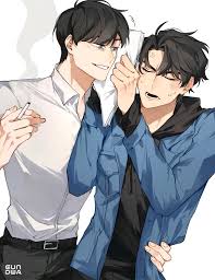 kim dokja, yoo joonghyuk, omniscient reader's viewpoint, commentary,  english commentary, highres, 2boys, anger vein, belt, black belt, black  hair, black hoodie, black pants, blue jacket, blush, cigarette, closed  eyes, collared shirt, cowboy