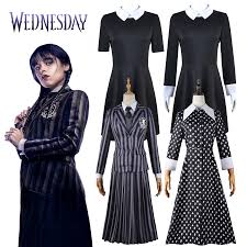 Kids Wednesday Addams Family Cosplay Costume Addams Printing Dress Wig  Girls Vintage Gothic Outfits Halloween Role Play Clothing - Style4u