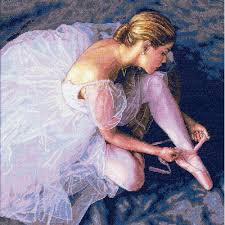 A pattern with black and white symbols a symbol key page in dmc floss code. Cross Stitch Kit Ballerina Dreams