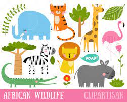 The animal sets include a giraffe, a lion, a zebra, an elephant, a hyena, an impala, a cheetah, a baboon, and a rhinoceros. African Wildlife Clip Art Safari Animals Printable Jungle By Clipartisan