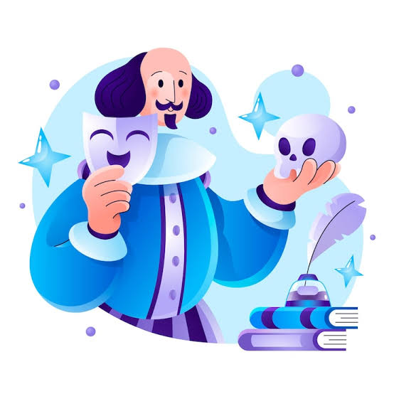 lustração colorida de um personagem inspirado em William Shakespeare, usando roupas azuis e roxas, segurando uma máscara teatral de comédia em uma das mãos e uma máscara de tragédia na outra. Ao lado dele há uma pequena pilha de livros. Ao fundo aparecem formas circulares, estrelas brilhantes e pequenos pontos decorativos em tons de azul, roxo e branco.