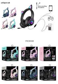 New Wired Cat Ear Headphones Pluggable Noise Reduction Dual Mic Virtual 7.1  Channel Led Lighting Cute Girl Gaming Headset