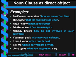 You can find it as a subject, object or the compliment of a subject. Clause Part 5 Of 10 Noun Clause