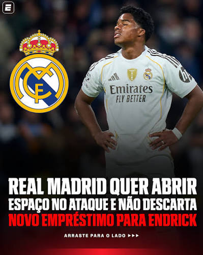 ⚪👀 ENDRICK PODE SAIR... DE NOVO? O Real Madrid estuda abrir espa&ccedil;o no ataque e n&atilde;o descarta um novo empr&eacute;stimo do brasileiro para a pr&oacute;xima temporada. Apesar da possibilidade ser avaliada pelo