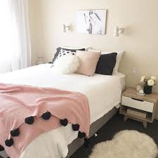 Scandi Nordic Style Bedroom In Black White And Pink Horse Print Mocka Nz Side Table Faux Sheepsk White Room Decor Pink Black Bedrooms Horse Decor Bedroom