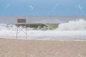 Big Hurricane Wave Breaking At Empty Beach Photographed In September