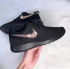 Black And Rose Gold Tennis Shoes Nike Roshe One Black Customized With Rose Gold Swarovski Black Nike Shoes Black Tennis Shoes Nike