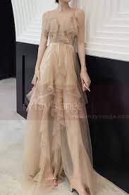 La robe de demoiselle d'honneur maysange. Robe Longue Beige Sans Manches A Volants Ref L1211 Robes Demoiselle D Honneur