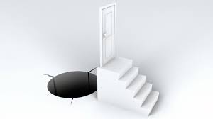 Stairs leading to door with cat's eyes in darkness. The Learning Curve Is Really A Staircase With A Trap Door In It Training Journal